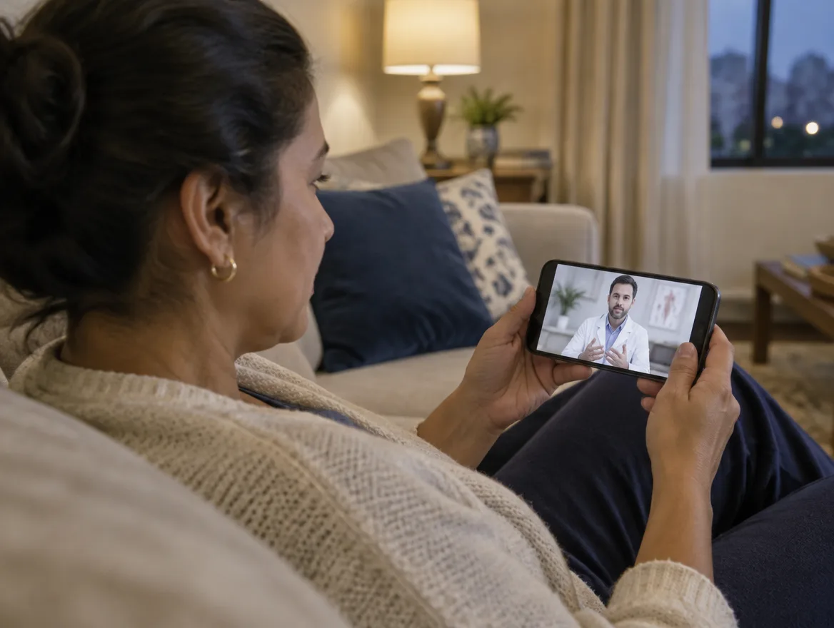 Mulher em casa, no sofá, assistindo pelo celular a um médico explicando um tema de saúde